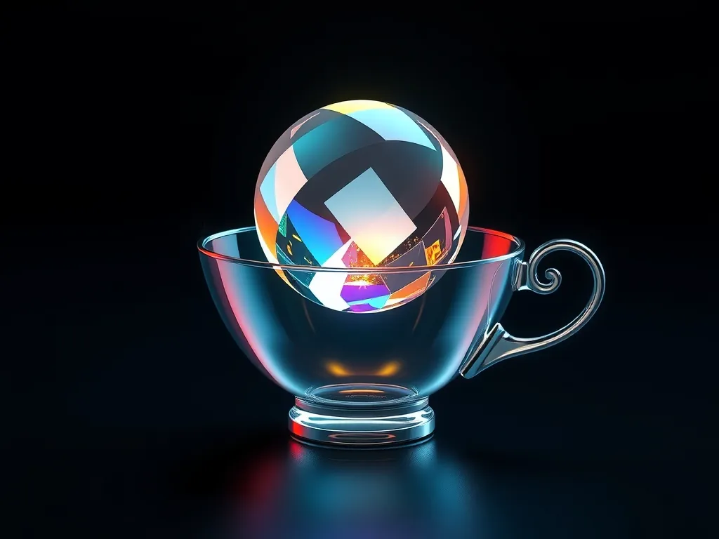 A delicate chrome teacup cradles a single, perfectly balanced crystal ball - its reflection shatters into floating, interlocking glass shards,