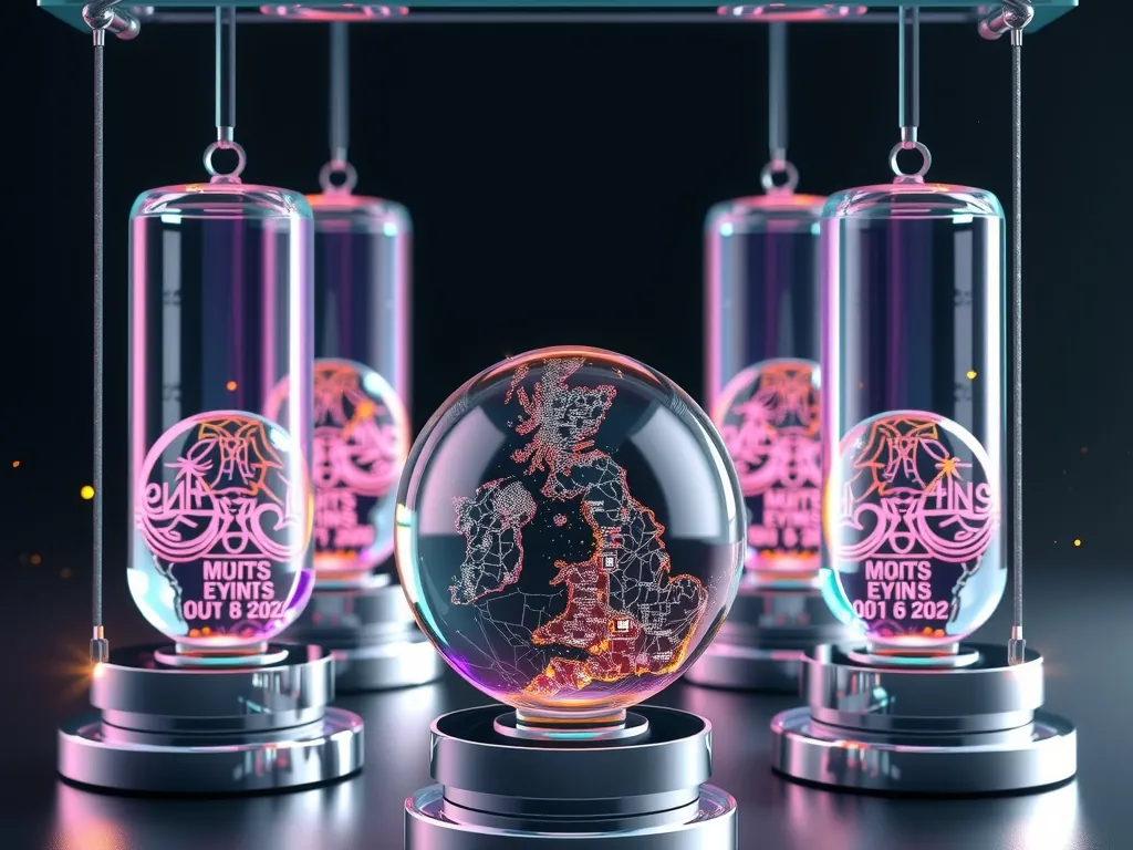 A delicate glass lattice suspended above mirrored chrome pedestals reflects fragmented, overlapping town maps in crystal vials, each shimmer