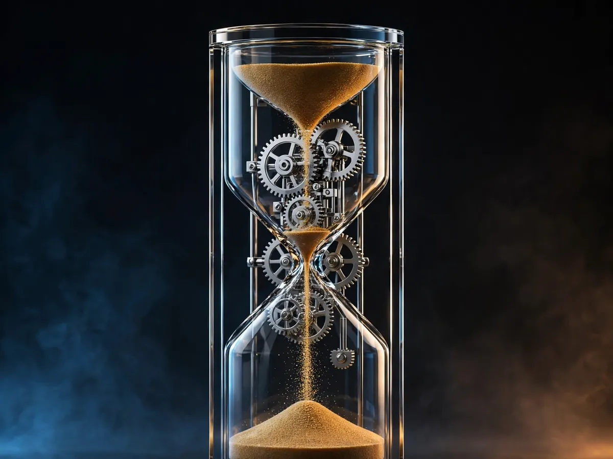 A crystal hourglass with chrome clockwork gears inside, sand falling through the mechanism