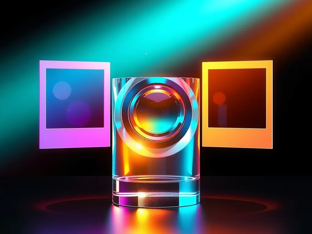 A crystal camera lens and a glass prism splitting a beam of light into colour across floating translucent photo frames