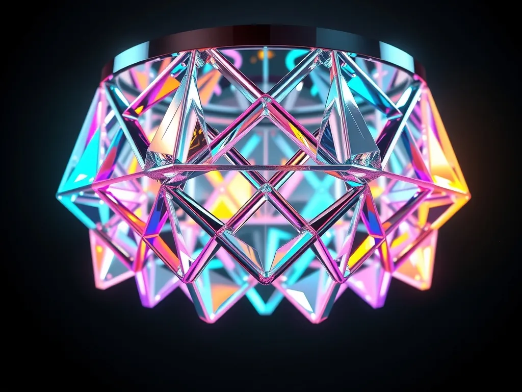 A floating lattice of interlocking glass prisms refracts light into modular, shifting patterns, suspended in a chrome-framed void
