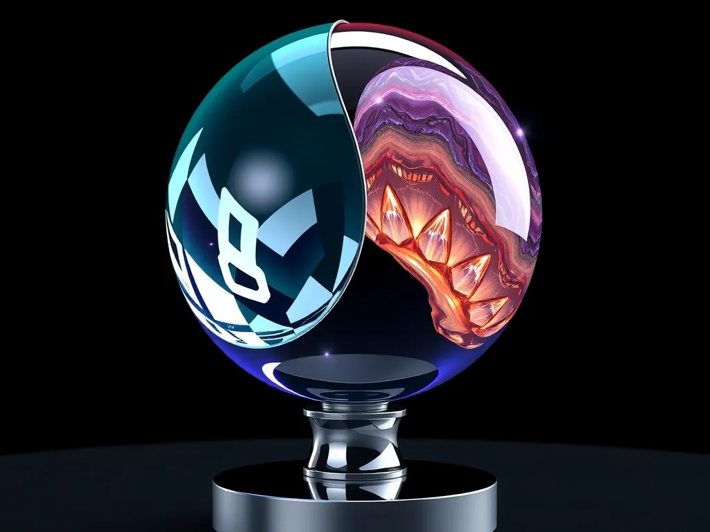 A floating, dual-glass orb - one etched with geometric precision, the other veined with organic, swirling crystal - suspended over a mirror-poli