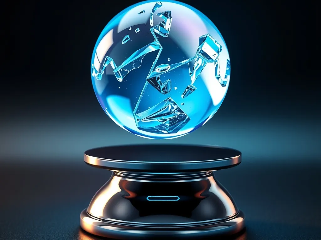 A floating, fractured crystal orb suspended above a mirror-polished chrome scale, its shards refracting light into shifting, data-like fract