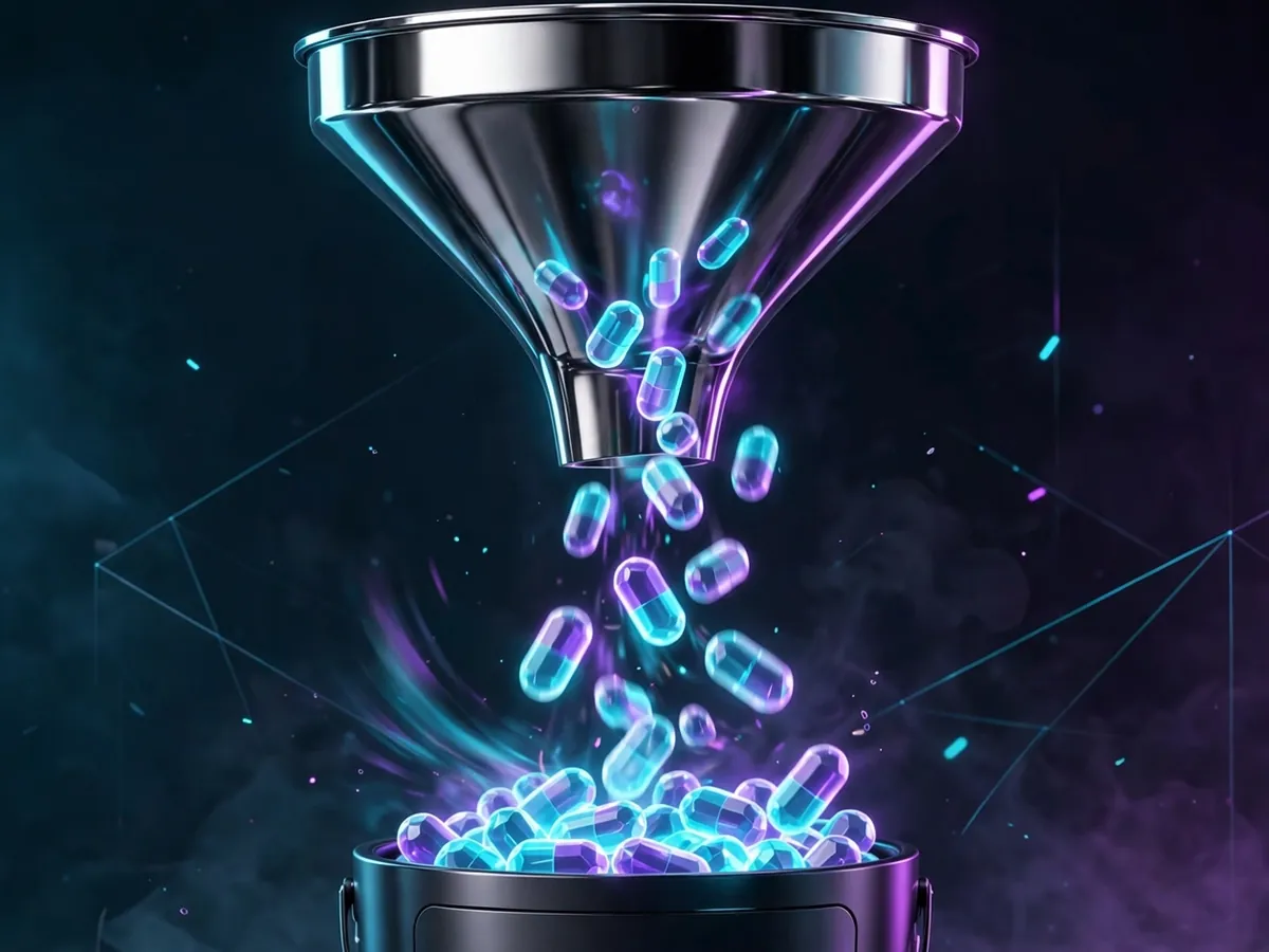 A chrome funnel pouring glowing capsules into a container, a flow from one step to the next