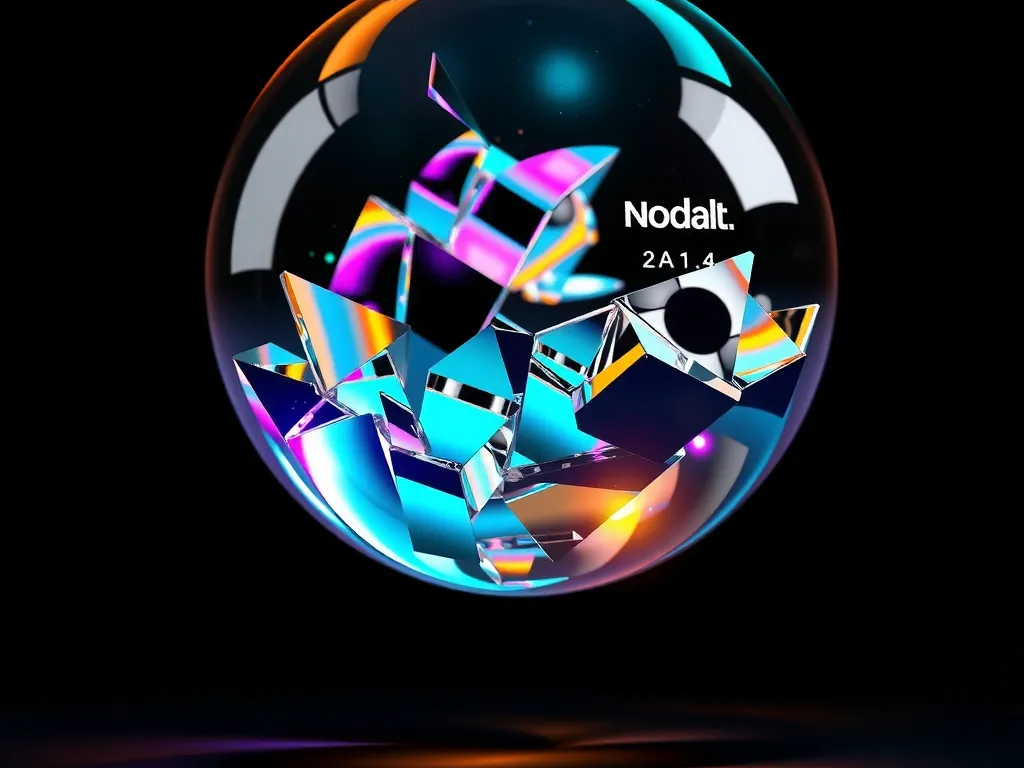 A floating, fractured crystal sphere refracts light into fragmented, mirrored shards - each reflecting a perfect, isolated version of itself,